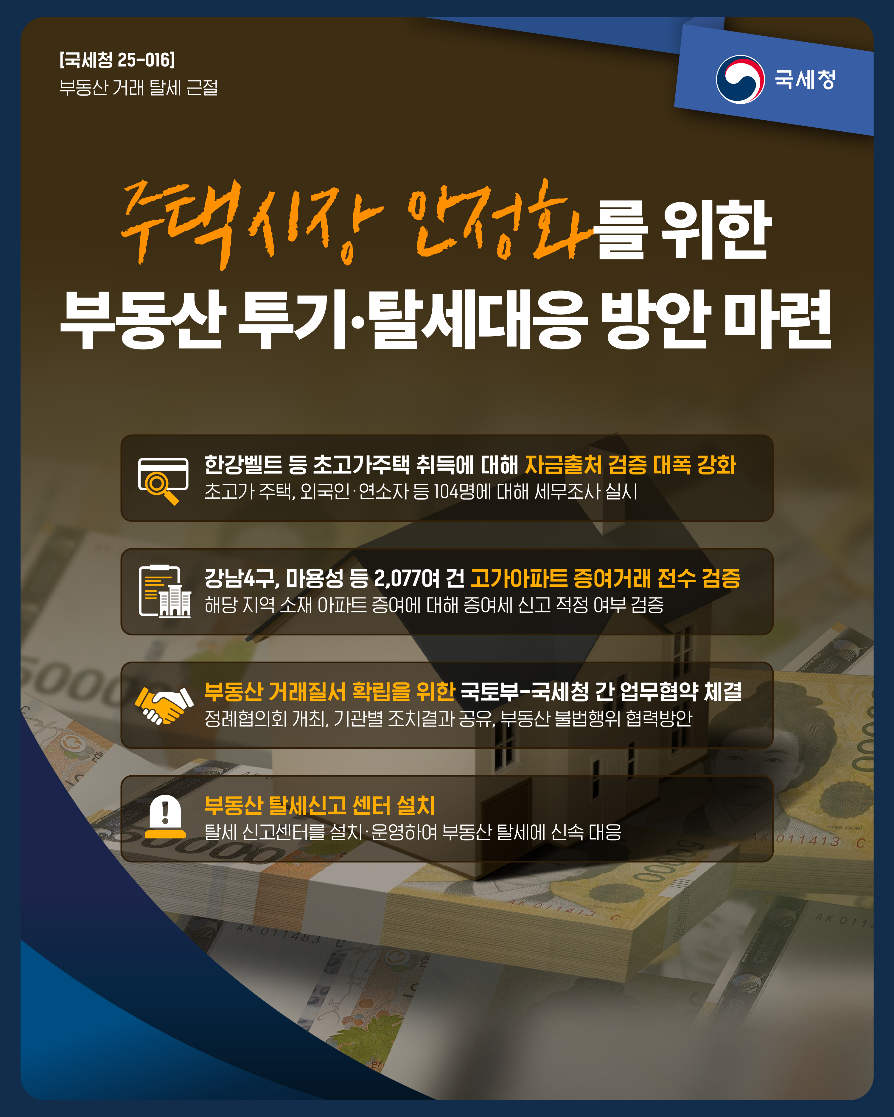 (대표) [국세청 25-016] 주택시장 안정화를 위한 부동산 투기 및 탈세 대응방안 마련 이미지 자세한내용 하단참조