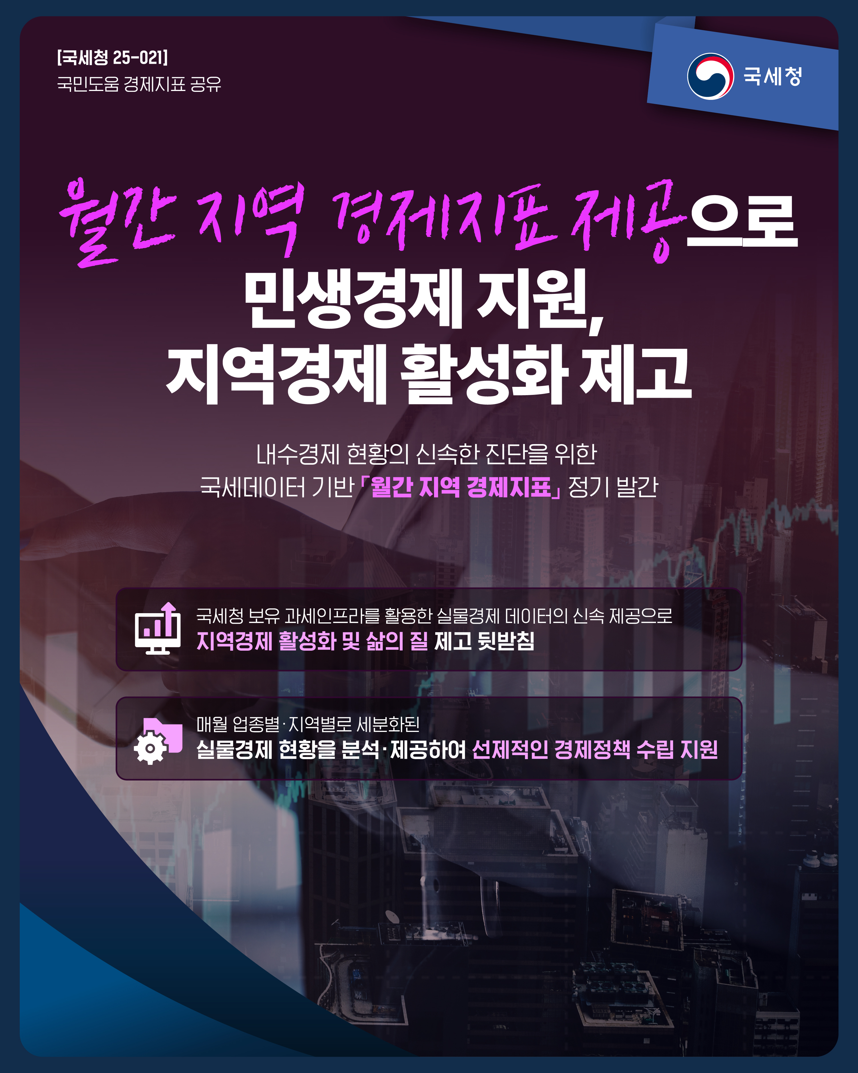 (대표) [국세청 25-021] 월간 지역 경제지표 제공으로 민생경제 지원, 지역경제 활성화 제고 이미지 자세한내용 하단참조